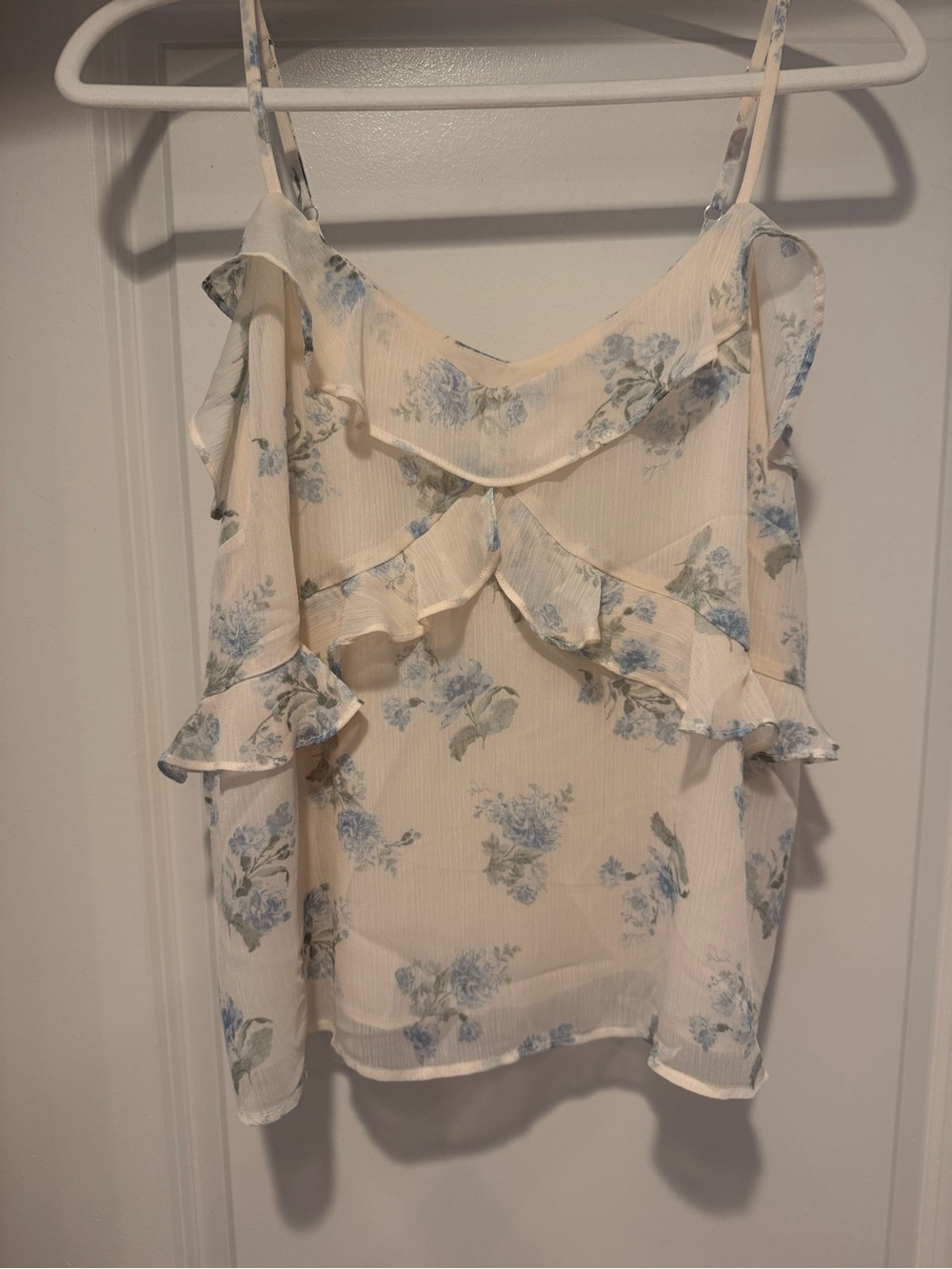 LOFT Cream Spaghetti Strap Tank with Blue Floral Ruffles